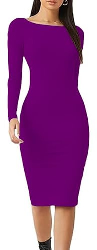Prime fashions Robe midi maxi d'été moulante à manches longues pour femme, robe moderne unie et polyvalente, violet, S-M