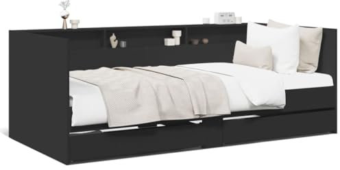Faroom Tagesbett mit Stauraum, Schlafcouch mit 2 Schubladen und Lattenrost, Tagesbett Holz,Einzelbett 75 x 190 cm, Funktionsbett Stauraumbett mit Rückenlehne, Jugendbett Kinderbett Schwarz