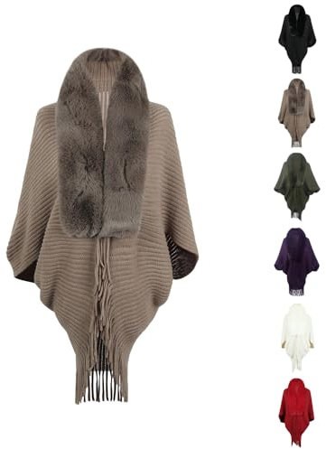 BFDSGWQ Lockerer, Dicker Strickschal für Damen, Strickschal mit Fransen und Pelzkragen, Kunstpelzschal für Damen (Brown,One Size)