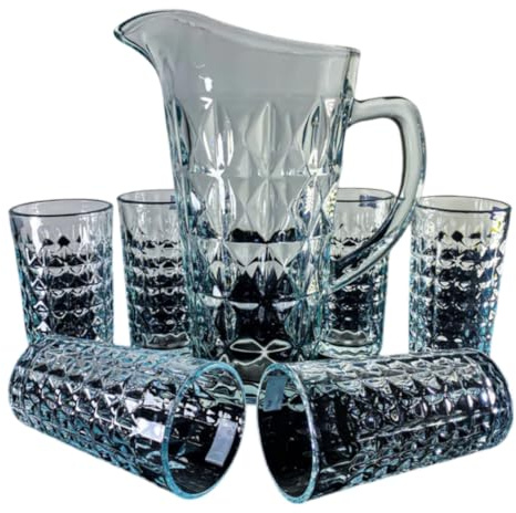 1.58 Litre Glass Jug and Tumblers Set Cocktail Pitcher Juice Jug Water Jug Soft Drink Pitcher 7Pcs Set