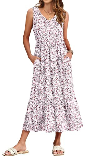 WNEEDU Dam sommar maxiklänningar v-hals solklänning ärmlös lång klänning med fickor, Rosa vit blomma, XL