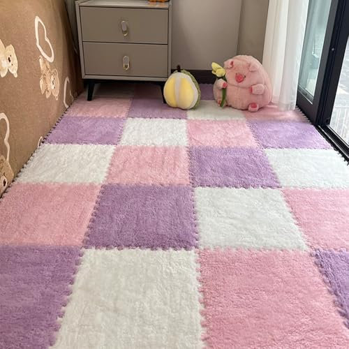10/15/20 Stück Plüsch Puzzle Schaumstoff Bodenmatte, Thicken Interlocking Plüsch Teppichfliesen 11.8x11.8in Quadrat Schaumstoff Fliesen Bereich Teppich Teppich für Wohnzimmer Schlafzimmer(Purple+Pink+