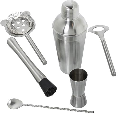SET 6 UTENSILIOS COCKTAIL ACERO INOX. MATE_COCTELERA 550ML,CUCHARA 28CM