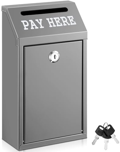 Yaocom Metal Money Cash Box,Grey,10.2 X 5.7 X 2.8 Inch | Wall Mount Pre-drilled Farm Stand Outdoor, Lockable Drop Slot for Donations, Pay Here Self-serve Safe Cash Lock Box