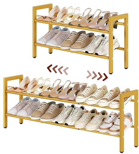FAVOOSTY 2 Ebenen Schuhregal Metall Ausziehbares Gold, Verstellbar Platzsparend, Shoes Rack, Robustes Schuhständer für Eingangsbereich, Schlafzimmer