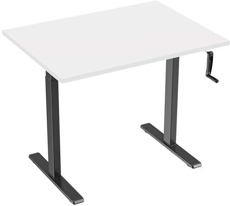 Eigentlich Höhenverstellbarer Schreibtisch manuell mit Kurbel, Steh-Sitztisch Gestell schwarz, Bürotisch verstellbar von 72,5 bis 120,5 cm, Produktionstisch (Weiß, 100 x 80 cm)