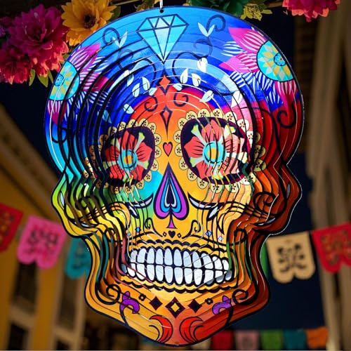 Goolyrusim Metall Windspiel - Sugar Skull Wind Spinners, kinetische hängende Windskulptur 3D Skelett Windfänger für Hof und Garten Dekoration Outdoor Decor, Einzigartige Geschenke für Halloween