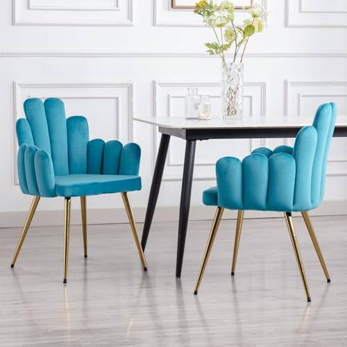 Ya-Home Esszimmerstühle 2er Set, Küchenstühle Samt, Muschel-Design, Blau | Polsterstuhl mit Rückenlehne & Metallbeinen, gepolsterter Armlehnensessel Akzentstühle für Schlafzimmer/Wohnzimmer
