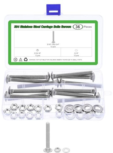 sourcing map Schlossschrauben und Muttern, 5/16-Zoll-18 x 2-3/4 Zoll, Edelstahl, 304 Rundkopf-Vierkantschrauben, Sechskantmuttern und Unterlegscheiben, 12-teilig, Silber