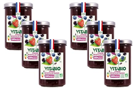 VITABIO - Confiture de Fraise Myrtille Cassis 100% issue de fruits - BIO - Lot de 6-6x275g