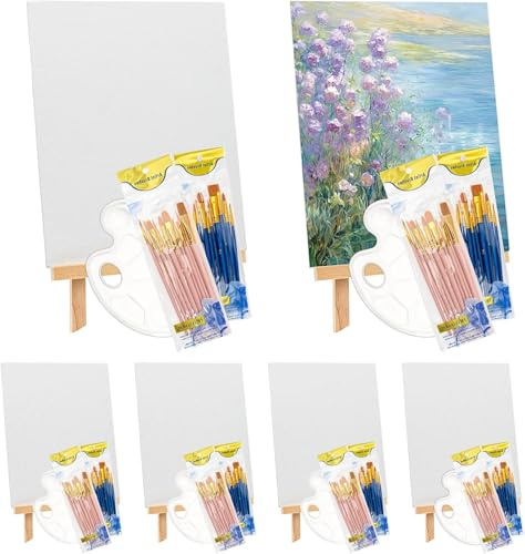 6 Stück Leinwandtafeln zum Malen 20,3 x 25,4 cm, Leinwand mit Staffelei,Tischstaffelei Holz Kunst-Leinwand-Malset mit 120 Pinseln und 6 Farbtabletts für Kinder, Jugendliche, Acryl, Ausgießen