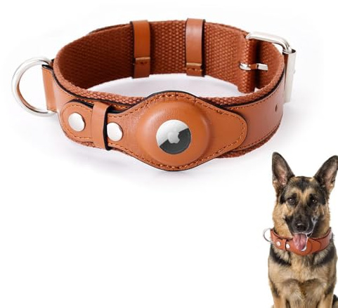 LiRui.R AirTag Verstellbares Hundehalsband aus weichem Leder für AirTag bietet doppelten Schutz und Haltbarkeit für Kleine Mittlere und Große Hunde(Braun,L)