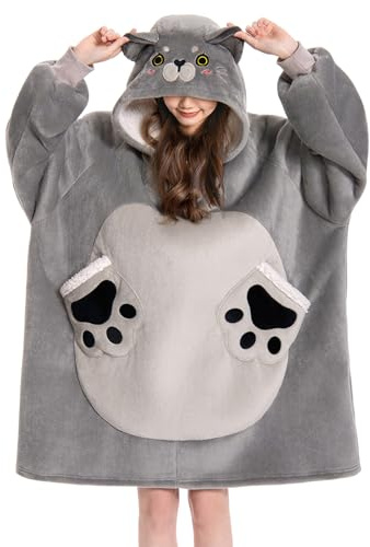 OLAOLA Cat Oversized Blanket Hoodie for Adults Sherpa Fleece Wearable Blanket with Sleeves & Pockets Soft Warm Cosy Hooded Sweatshirt Fluffy Wearable Throw for Women Men