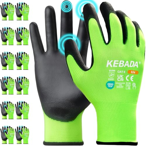 Kebada Work Gloves for Men & Women, Touchscreen, PU Coated, W1, 12 Pairs | Green, Size 9/L, breathable knit, secure grip, safety gloves for gardening, mechanics, warehouse, driving & construction