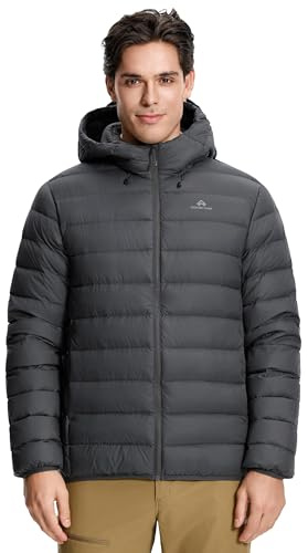 Pioneer Camp Herr dunjacka vinter 90 % anddun 650 fyllning, lätt varm quiltad jacka, vattentät, vindtät packbar bufferjacka med huva, utomhusjacka, mörkgrå, M