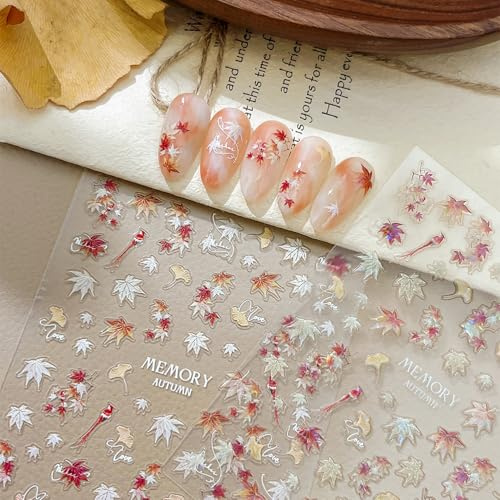 2 Nagelsticker mit Herbstlichem Ahornblatt, selbstklebend, 2 Blätter in 3D Optik, Herbst Deko Nail Sticker für Frauen Mädchen