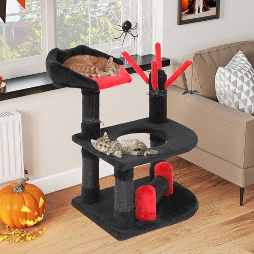 YITAHOME Gothic Kratzbaum, 61,5cm Mehrstöckiges Katzen-Spielzentrum mit Sitzstange, Zwei Plattformen mit Loch, Integrierte Sisalstämme, Spinnen-Ornamente, Halloween for Katzen, Schwarz und Rot