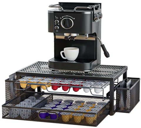2-Tier Coffee Pod Storage Drawer, 63-83 Capsules Storage Drawer Organizer for K-Cup, Nespresso VertuoLine & OriginalLine, with Side Baskets for Spoons/Straws, Metal Stand with Non-Slip Feet
