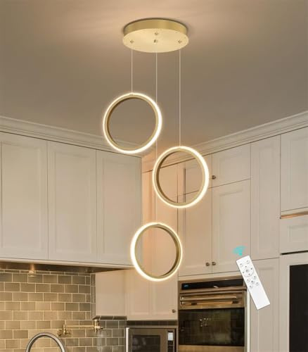 JINWELL Modern LED Pendelleuchte Lange Treppenhaus Ringe Hängelampe Wohnzimmerlamp Aluminium Dimmbar Kronleuchter Xuanguan Esszimmer Hängeleuchte Schlafzimmer Treppe Deckenleuchte(Gold,3 rings)