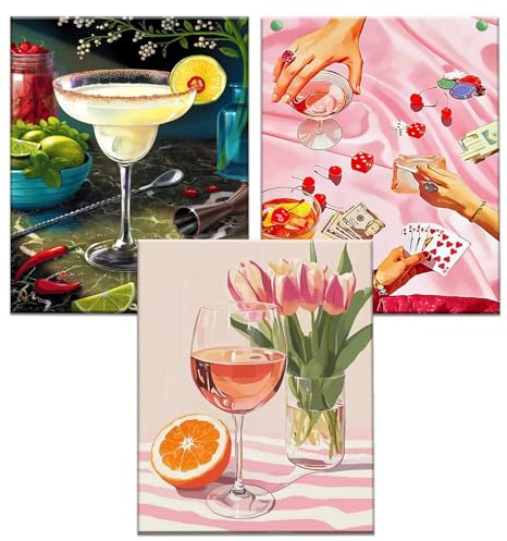 JATOK 3 Pack Paint by Numbers for Adults, Cocktail Party, 40 x 50 cm | Multipack rolled coloured canvas kits, acrylic painting kit, beginner DIY craft, unframed wall décor, 16 x 20 in