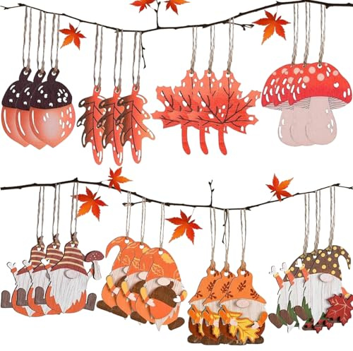 GWAWG 24PCS Déco Automne Pendentif Décoration Automne De Bois Deco Suspendre Nain Lutin Champignon Feuille D'érable Décoration De Fenêtre avec Corde De Chanvre Intérieur Thanksgiving Decor