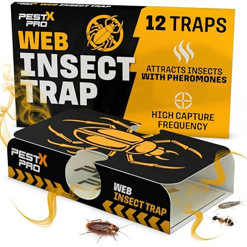 Pest X Pro - Paquete de 12 trampas adhesivas para insectos para interiores, tableros de pegamento para atrapar insectos, trampa para pececillos de plata, trampa para cucarachas, trampas adhesivas para