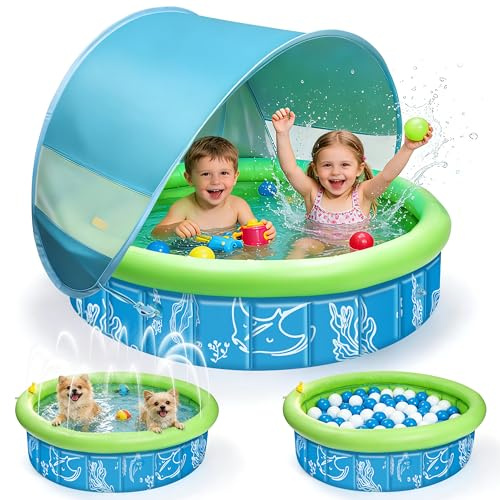 Cheffery Piscina para Bebé 4-en-1 Pop Up, Piscina de Bolas Bebe con Chorros de Agua, Tienda de Playa Bebé con Techo y Mosquitera, Protección UV SPF50+, Portátil para Jardín (100x30 cm)