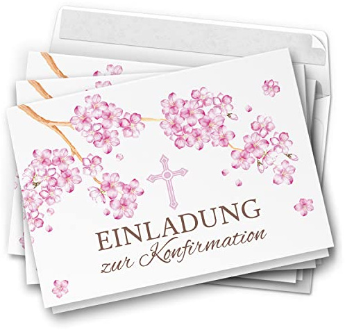 20 Einladungskarten Konfirmation - Motiv Kirschblüte rosa - moderne Klappkarten mit Umschlägen - Einladungen zu Konfirmationsfeier Einladung Karten