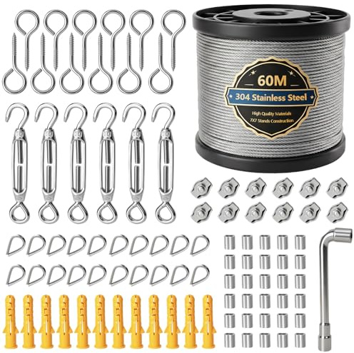 Cavo Acciaio Inox 60 m, 2 mm Set Di Sospensione Per Cavi In Acciaio Inossidabile, Cavo Acciaio Rivestito PVC, Fune Metallica Resistente per Stendibiancheria, Piante Rampicanti, Progetti DIY