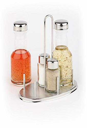 APS 40450 Menage CLASSIC, 17,5 x 10,5 cm, Höhe 23 cm, Set besteht aus: Essig- und Öl-Flasche, Salz- und Pfefferstreuer, Ständer aus Edelstahl