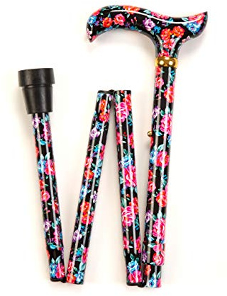 Blue and Red Flowers Pattern Ladies Folding Adjustable Walking Stick with a Floral Patterned Handle (33-36.5)