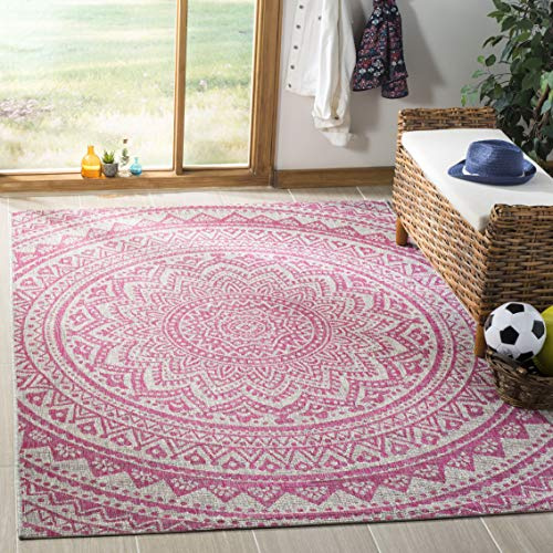 Safavieh Contemporary Indoor/Outdoor Woven Rectangle Area Rug, Courtyard Collection, CY8734, in Light Grey / Fuchsia, 122 X 170 cm for Garden, Patio or Any Outdoor Space