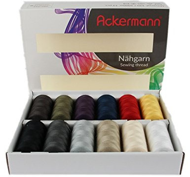 ACKERMANN 12.000m Nähgarn (12x 1.000m) Universal Nähgarn Farben-Mix in 12 Farben Stärke 120, Markengarn in sehr schöner und funktionalen Box