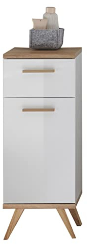 Pelipal Badezimmerschrank Quickset 923 in Weiß Glanz/Riviera Eiche quer Nachbildung, 35,5 cm breit | Unterschrank mit 1 Tür, 1 Schubkasten und 2 Glas-Einlegeböden
