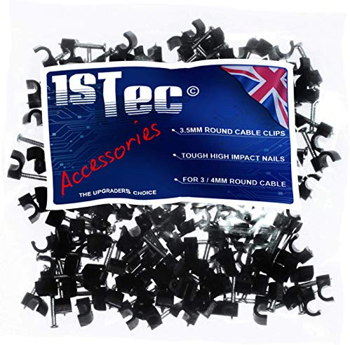 1STec 200 clips de cable redondos pequeños de 3,5 mm, aptos para uso en interiores y exteriores, madera de yeso o mampostería, clavos endurecidos para pegar cable de teléfono BT, cables USB, altavoces