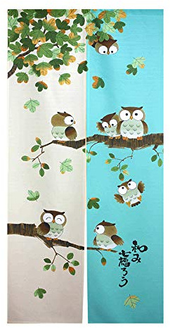 LIGICKY Japanische Noren Lang Vorhang Tür Vorhang Tapisseri Fliegen Insektenvorhang Raumteiler Grün33x59 inch（Eule auf Baum）
