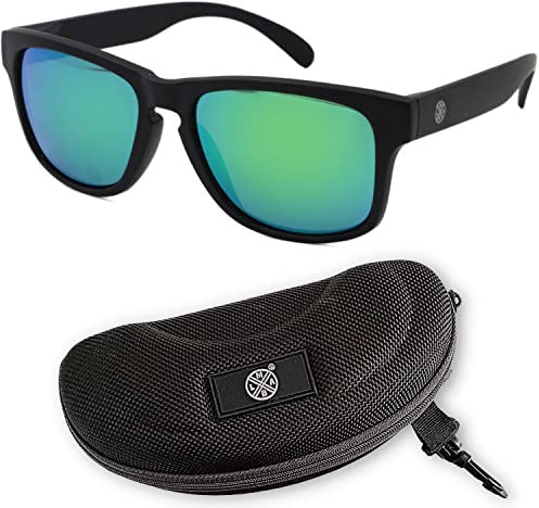 LMAB Schwimmende Polbrille, Polarisationsbrille zum Angeln, Modell Sclera verspiegelt mit Etui und Tasche, Farbe Black/Emerald Revo 91