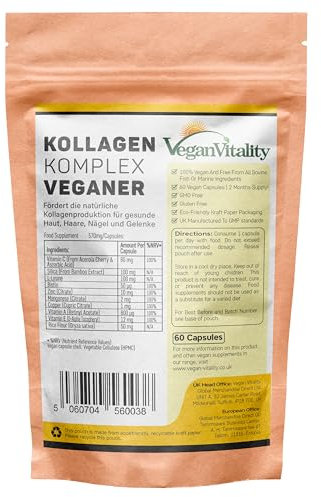 Kollagen Vegan 60 Kapseln mit Collagen Pulver vegan, für gesünderes Haar, Nägel und Haut, veganes Kollagen mit Biotin, L-Lysin, Bambus-Kieselerde, Zink, Vitamin C, E & A. 2- Monats