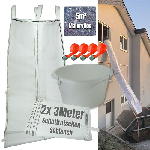 Schuttrutsche 6m | Flexible 2X 3m Schläuche, hohe Stabilität, einfache Installation | Bauschuttrutsche inkl. Einfülltrichter, 4X Spanngurt und 5m³ Malervlies optimales Set für Bauschutt-Entsorgung