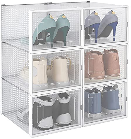 linovum 6er Set Schuhboxen stapelbar transparent für Übergrößen - modulare Aufbewahrungsbox für Schuhe mit Tür & Durchlüftung