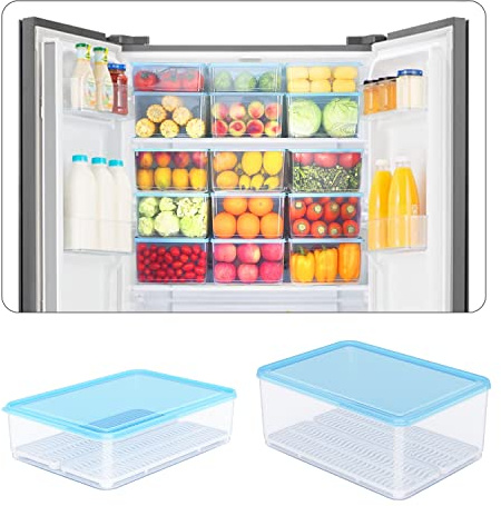 LÖWENBISS Kühlschrank Organizer Küchen Ordnungssystem Set mit Deckel groß Stapelbar Transparent Speisekammer Vorratsbehälter Tiefkühldosen Gefrierdosen Frischhaltebox (48 Liter (6 * 8L, 12*Gitter))