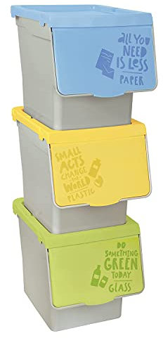 TIENDA EURASIA - Cubos de Basura de Reciclaje, Pack de 3 Cubos de Basura de Cocina, Cubo de Basura 30 Litros, Plástico, Sistema Apilable con Apertura Fácil, Ideal para Reciclar, 3 Colores