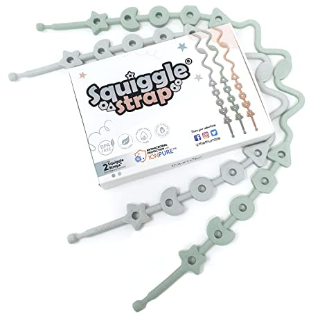 Squiggle Strap® 2pcs Antimicrobial Silicone Toy Safety Strap. Food Grade Silicone Toy Clip for Strollers, High Chair, Car Seat, Baby Gym. For Teethers, Sippy Cup Handles, Toys (Ether Blue + Cool Grey)