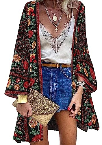 Cárdigan Kimono Floral Manga Larga Mujer Camisola Casual Gasa Pareo Playa Ropa de Baño Verano Blusa Suelta Boho Bikini Cover Up Caftan Chaqueta Chal