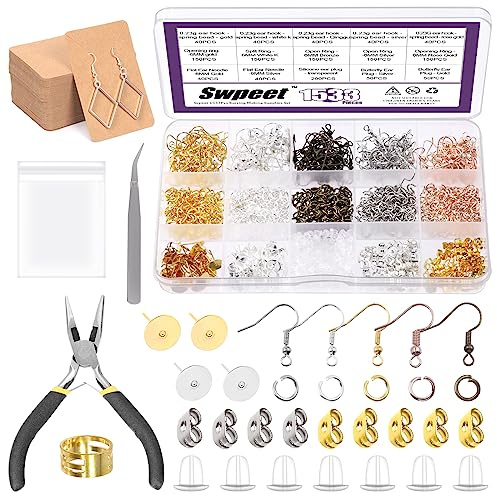 Swpeet Juego de 1430 pendientes hipoalergénicos con 10 estilos, con anillos de salto abiertos, suaves y transparentes de silicona para pendientes y pendientes pesados, seguros