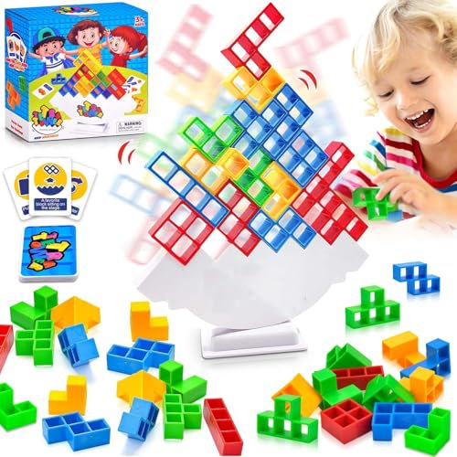 Pipihome Tetris Spiel, 64 Stück Kinder Spiele Tetris Tower Spiel,Tetra Tower Spielen für Kinder, Gesellschaftsspiele ab 4 Jahre, Stapelspiel Tetris Balance Board Erwachsene