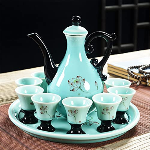 Juego de Vino Celadon, cerámica, Vino doméstico Baijiu, Olla de Vino Antigua, Copa de Vino de pie Alto, Plato de Vino