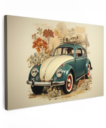 MuchoWow© Wandbilder Groß XXL Schlafzimmer Home Deko Wohnung Bild | 120x80 cm - Wohnzimmer Fotoleinwand Wand Bilder Leinwand Wall Decor Vintage - Auto - Pflanzen - Blau - Licht
