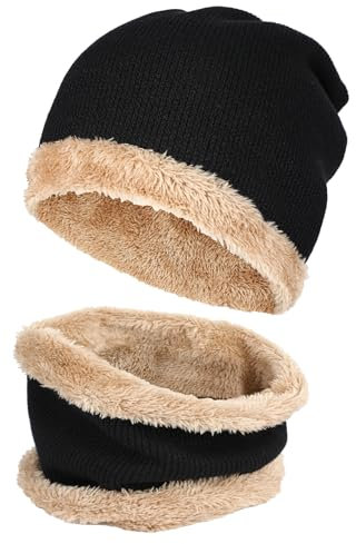 TAGVO 2 Pieces Winter Beanie Hat Knitted Thickend Warm Neck Set, Fleece Lining Warmer Neck Double Layer Windproof Thermal Beanie Hat Scarf Set for Men and Women Black
