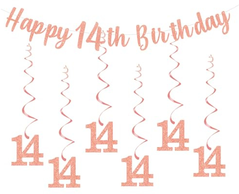 bng-bng Wimpelkette zum 14. Geburtstag für Mädchen, Happy 14th Birthday, Banner und hängende Wirbel, Luftschlangen, 14 Banner für Mädchen, Alter 14, Jahrestag, Dekoration, Party-Dekoration, Roségold